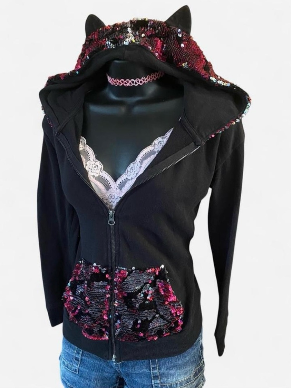 Scene Core Justice Black Cat Ear Zip Up Hoodie with Hot Pink & Silver Sequins